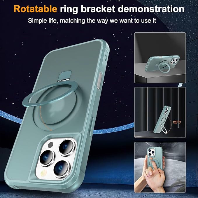 Magnetic Compatible with iPhone 16 Pro Case with Stand [Military Grade Drop Tested][Compatible with Magnet] Ring Translucent Slim Hard Back Soft Edge, Teal Green