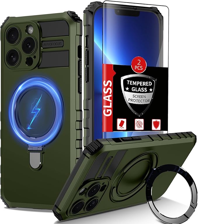 for iPhone 13 Pro Max Case Magnetic Compatible with Magnetic Wireless Charging,with 2 Screen Protectors,with Kickstand Shockproof Shock-Absorbent Heavy Duty Protection Scratch Resistant Green