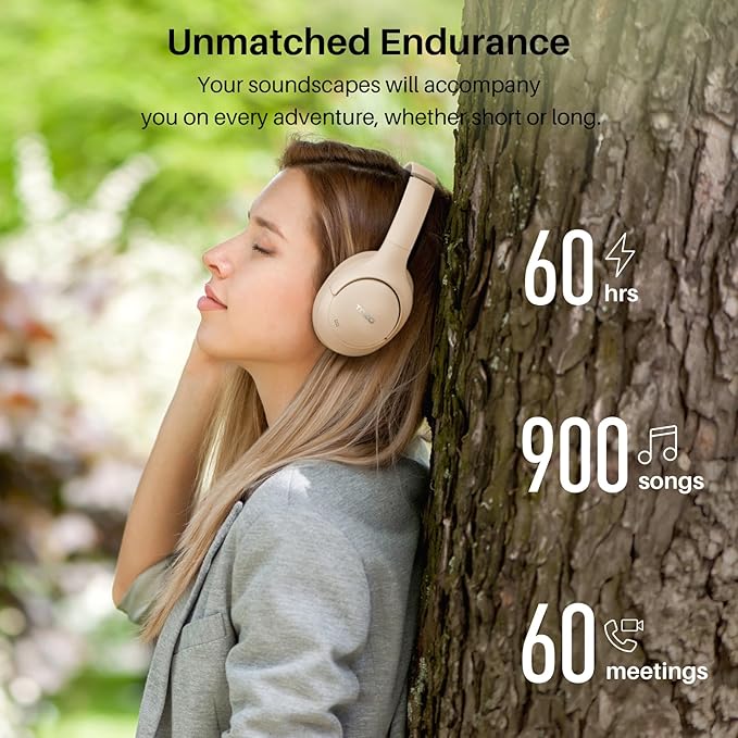 TOZO HT2 Hybrid Active Noise Cancelling Headphones, Wireless Over Ear Bluetooth Headset, 60H Playtime, Hi-Res Audio Custom EQ via App Deep Bass Comfort Fit Ear Cups, for Home Office Travel Khaki