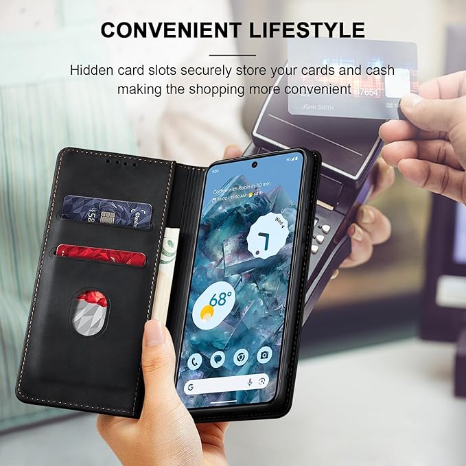 Jasonyu Flip Wallet Case for Google Pixel 8 Pro,Leather Magnetic Folio Cover with Card Holder,Kickstand - TPU Shockproof Durable Protective Phone Case,Black