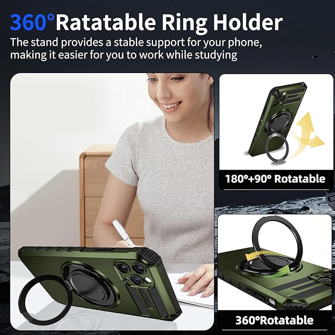 for iPhone 11 Pro Max Case Magnetic Compatible with Wireless Charging,11 Pro Max Case with 2 Screen Protector,Built-in Kickstand Ring Military Grade Drop Shockproof Heavy Duty Protection Green