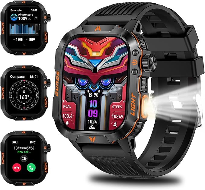 Military Smartwatch for Men, LED Flashlight Bluetooth Call IP68 Waterproof Heart Rate Blood Oxygen Sleep Tracker Fitness Pedometer Android/iOS Compatible - Ideal for Hunting Hiking Extreme Sports