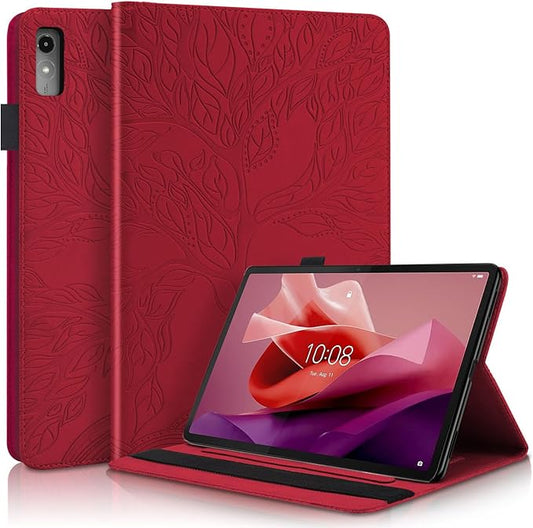 Case for Lenovo Tab P12 12.7 Inch 2023, PU Leather Cover Lightweight Flip Stand Shell with Elastic Band & Card Holder for Lenovo Tab P12 SM-TB370FU/TB371FC-Red