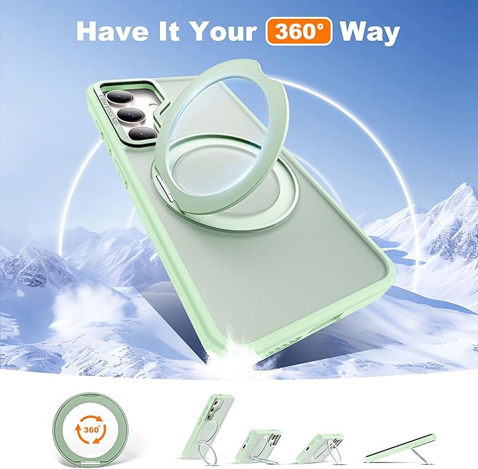 for Samsung Galaxy S25 Plus Case with 360°Rotatable Magnetic Ring Stand Compatible with Mag-Safe Military Protection Shockproof Matte Translucent Phone Cases for Galaxy S25+,Green