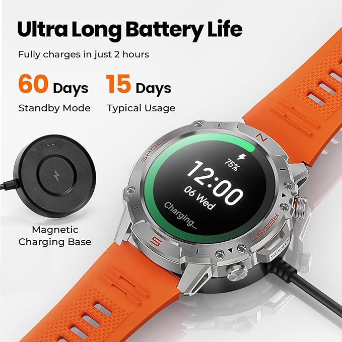 WalkerFit Military Rugged Smart Watch for Men 1.43" AMOLED Smartwatch, Always-on, 3ATM Waterproof for Swim, HR Sleep Monitor, Bluetooth Call Fitness Watch for iPhone Andriod Compatible, Silver Orange