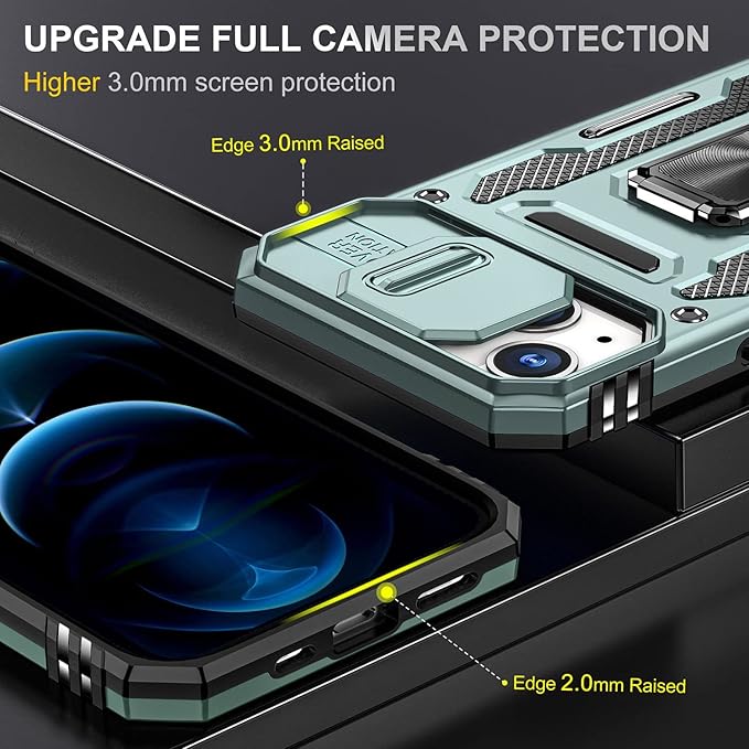 Phone Case for iPhone 14 Plus Case with Slide Camera Cover, with Finger Ring Holder Stand, fit Magnetic Car Mount, for iPhone 14 Plus (Alpine Green)