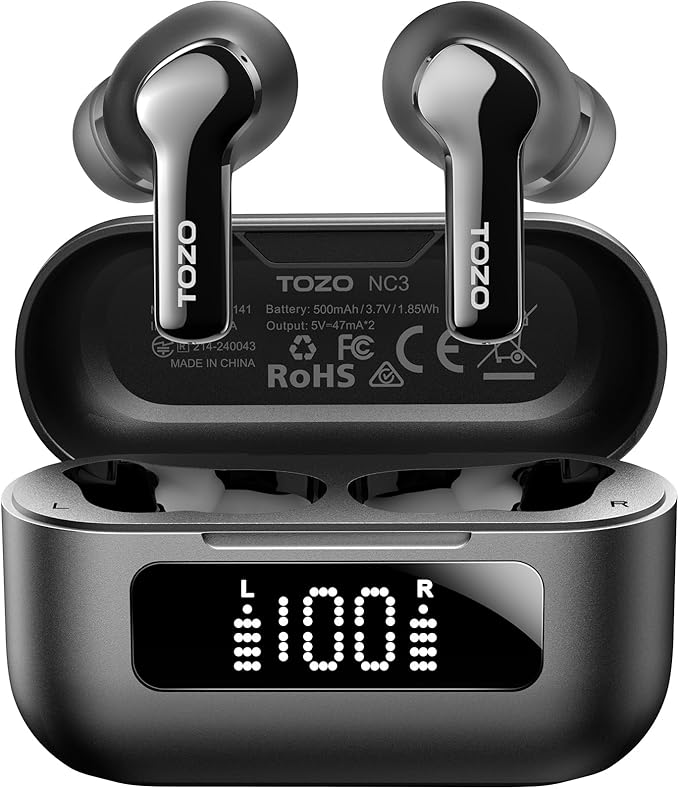 TOZO NC3 Hybrid Active Noise Cancelling Wireless Earbuds with 6 Mics AI Clear Call Ear Buds 55H Playtime with LED Display 32 Preset EQs via APP Bluetooth 5.3 IPX8 Waterproof in Ear Headphones