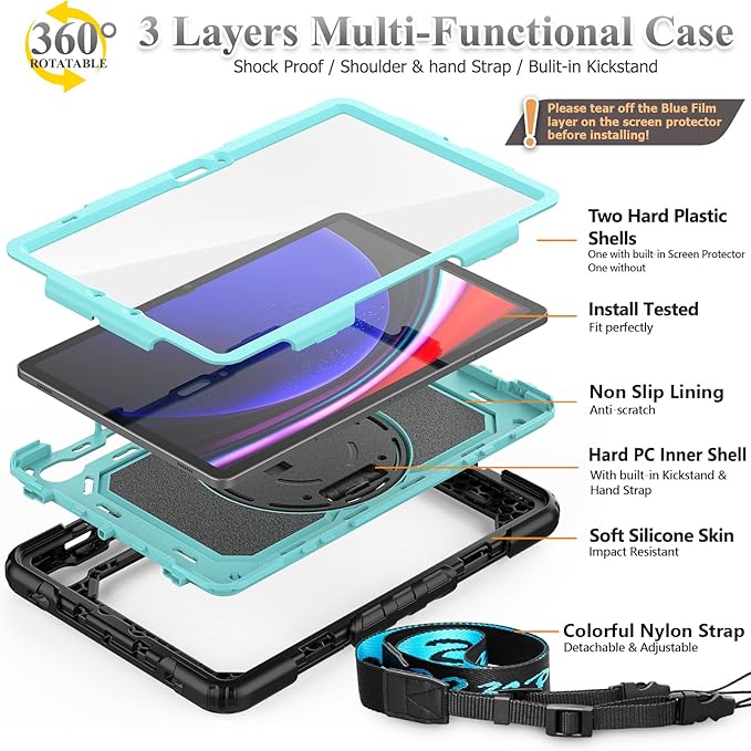 SEYMAC stock Case for Samsung Galaxy Tab S10 Lite / S10 FE / S9 FE 5G / S9 Tablet Case 10.9''/ 11'' Protective with Screen Protector, Pen Holder, 360 Rotate Stand, Hand Strap, Shoulder Strap, SkyBlue1