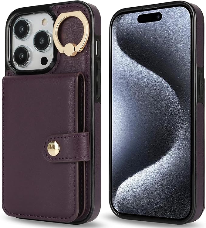 Compatible iPhone 16 Pro Wallet Case with Card Holder RFID Blocking PU Leather Doubles as a Wallet Unisex Flip Shockproof Protection with Card Slots Ring Wrist Kickstand Function,Purple