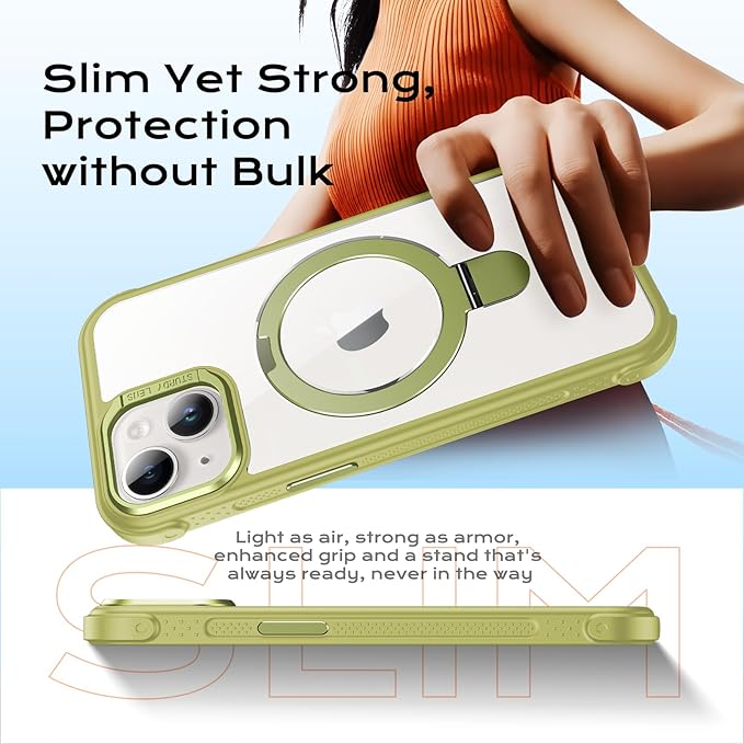 Anqrp O-Ring Magnetic Kickstand Clear Case for iPhone 14/13, Compatible with Mag-Safe, Military-Grade Reinforced 4-Corners Anti-Yellowing Transparent Phone Case Cover for iPhone 13/14, Green