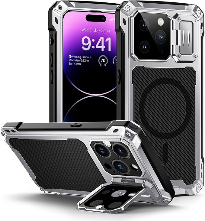 Lanhiem for iPhone 14 Pro Max Metal Case, [Built-in Camera Kickstand & Glass Screen Protector] Protective Heavy Duty Full Body Military Rugged Shockproof Magnetic Cover (Silver)