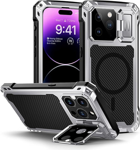 Lanhiem for iPhone 14 Pro Max Metal Case, [Built-in Camera Kickstand & Glass Screen Protector] Protective Heavy Duty Full Body Military Rugged Shockproof Magnetic Cover (Silver)
