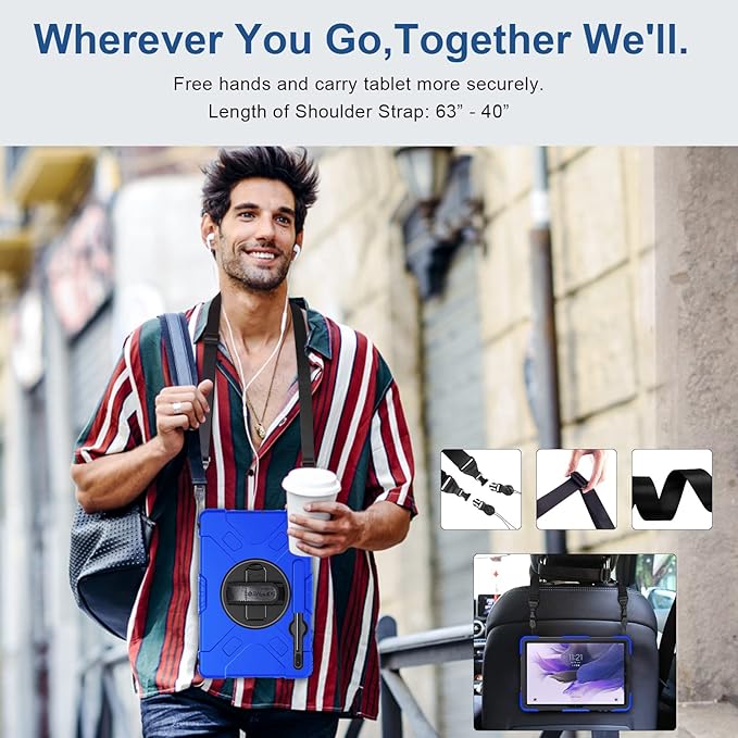 SUPFIVES Case for Samsung Galaxy Tab S7 FE 12.4 Inch 2021 : [Upgraded Military Grade] Full-Body Rugged Protective Soft Silicone Cover - Kick Stand- Handle/Shoulder Strap- S Pen Holder- Blue