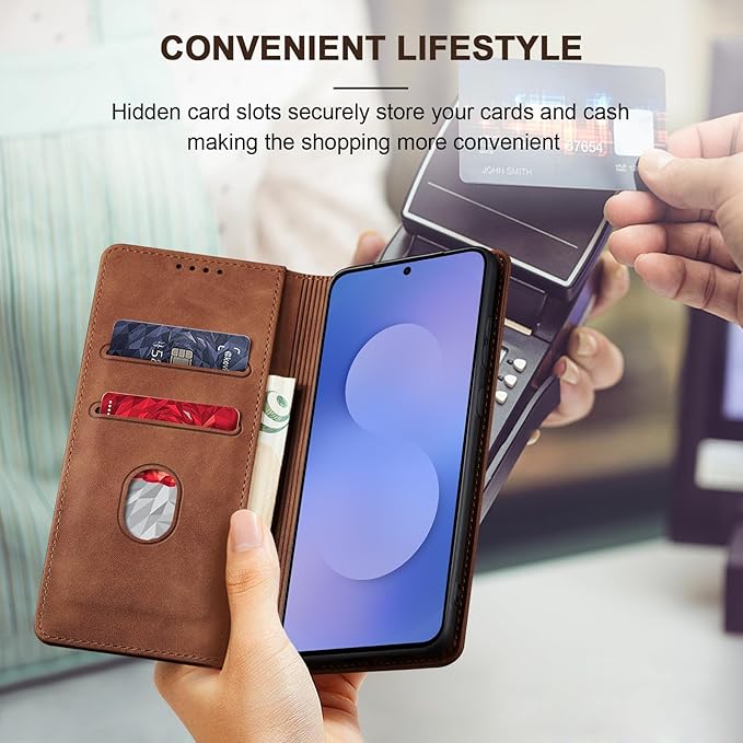 Jasonyu Flip Wallet Case for Samsung Galaxy S25 FE 5G,Leather Magnetic Folio Cover with Card Holder,Kickstand - TPU Shockproof Durable Protective Phone Case,Brown