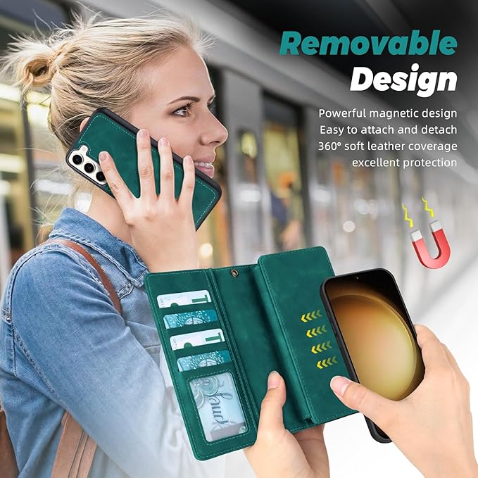 TwoHead for Samsung Galaxy S23 Plus Wallet Case with Card Holder,Detachable Magnetic Phone Case for Galaxy S23 Plus,PU Leather All-Round Protective Phone Cover Wallet with Strap(6.6 in,Green)