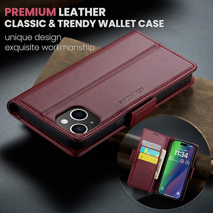 for iPhone 15 Plus Case, Premium PU Leather Wallet Case Flip Cover with [RFID Blocking][Card Holder][Stand Function] Shockproof Protective for iPhone 15 Plus, Red