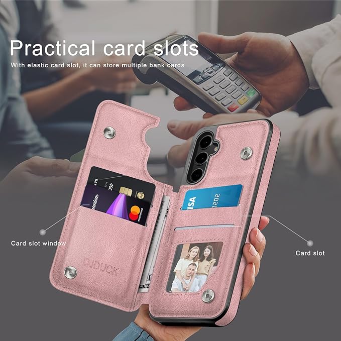 DJDUCK Designed for Samsung Galaxy S25 Case Wallet with Card Holder, [Magnetic Clasp Cover] [RFID Blocking Leather Protection] Shockproof Women Men Cases for Samsung S25 Pink