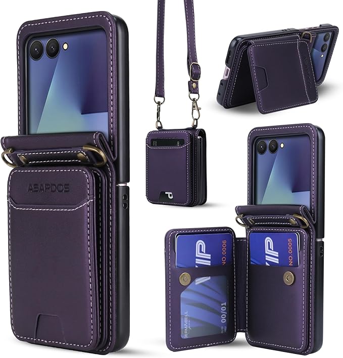 ASAPDOS for Samsung Galaxy Z Flip 7 PU Leather Wallet Phone Case with Card Slots (Holds 5 Cards), Anti-Drop Protection, Wrist & Shoulder Strap Purple
