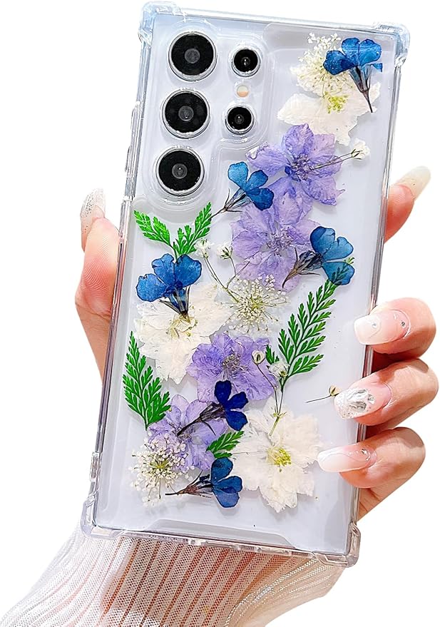 Compatible with Samsung Galaxy S23 Ultra Case Cute Pressed Dried Real Flowers Design Women Girly Shockproof Soft TPU Floral Clear Phone Cover for Galaxy S23 Ultra (Purple Flower)