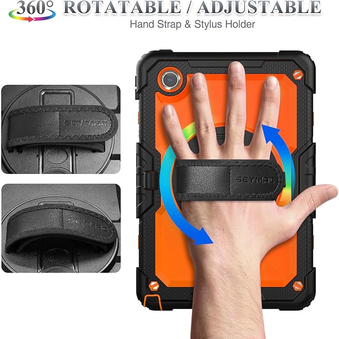 SEYMAC stock Tablet Case for Lenovo Tab M11 (TB-330FU/TB-330XU) 11 inch Drop-Proof Protection Cover with 360° Rotate Stand & Strap [Pen Holder] & Screen Protector/K11/Xiaoxin Pad 2024, Orange+Black