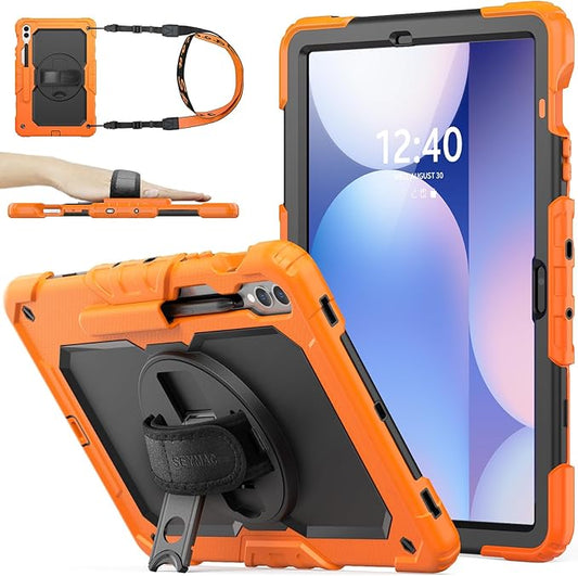 SEYMAC stock Case for Samsung Galaxy Tab S10 Plus/ S9 FE Plus/ S9 Plus 5G Tablet 12.4'' Case with Screen Protector Pencil Holder [360 Rotating Hand Strap] &Stand, Drop-Proof, Orange1