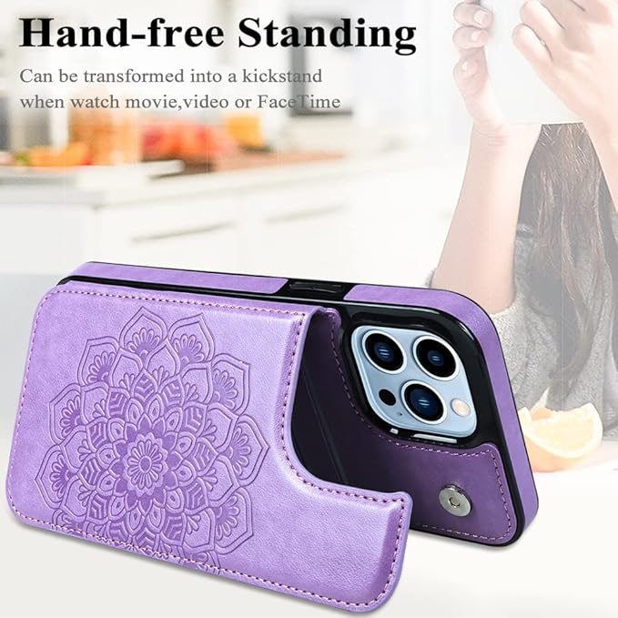 MMHUO for iPhone 15 Pro Max Case with Card Holder,Flower Magnetic Buttons Protective Wallet Case for Women for iPhone 15 Pro Max,Purple