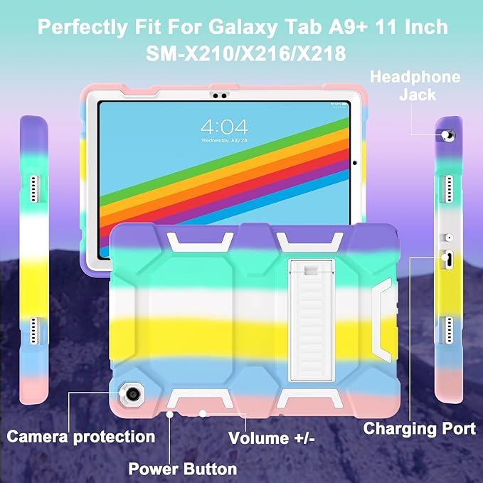 CCMAO Case for Samsung Galaxy Tab A9+/A9 Plus 11”(SM-X210/X216/X218), Heavy Duty Shockproof Hard Hybrid Three Layer Protective Cover with Kickstand for Galaxy Tablet A9+ 2023 Model for Kids, Rainbow