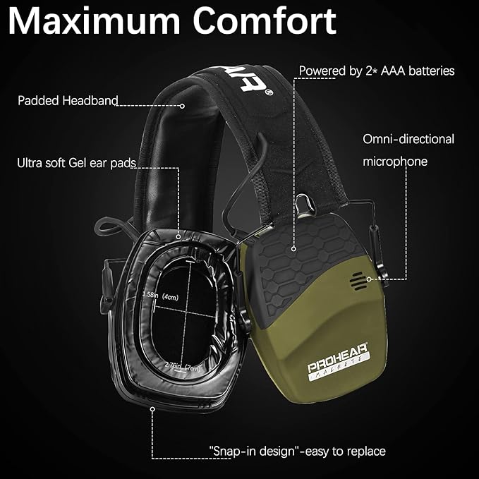 PROHEAR 030 Upgraded Bluetooth Electronic Shooting Hearing Protection Muffs with GEP02 Gel Ear Pads, Noise Reduction Sound Amplification Headsets for Range, Gifts for Women Man - Green