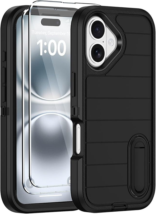 for iPhone 16 Case with 2 Screen Protectors,Heavy Duty Shockproof Drop Protection Military Grade Tri-Layer Rugged Cell Phone Cover with Built-in Invisible Kickstand 6.1“ (Black)