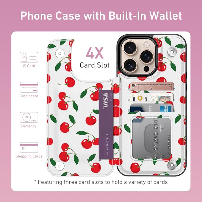 FUNMIKO for iPhone 16 Pro Max Wallet Case with Card Holder, RFID-Blocking, Military-Grade Protection & UV-Printed Artwork, Magnetic Closure with Leather Kickstand - Juicy Cherries