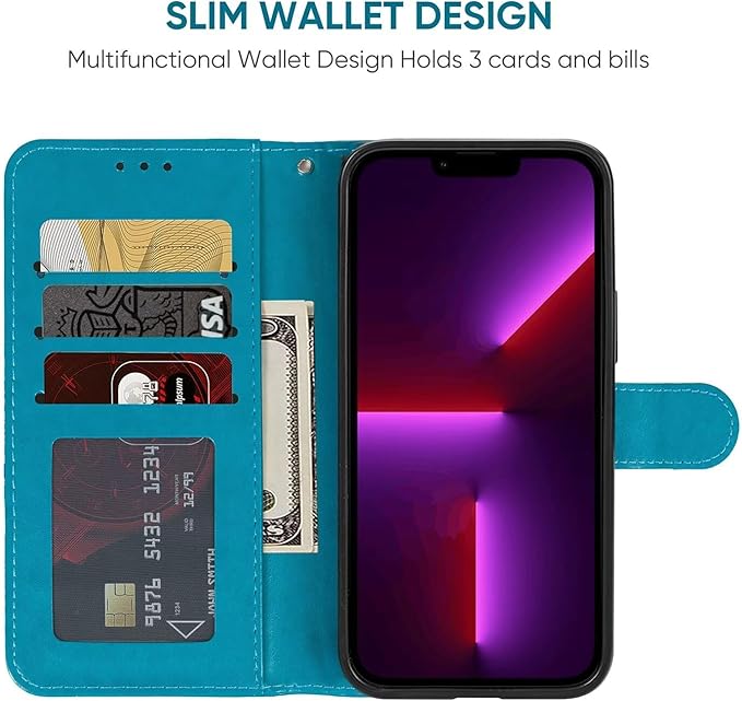 Case for iPhone 13 Case, iPhone 14 Wallet Case with Tempered Glass Screen Protector, Flower Leather Flip Credit Card Holder Stand Phone Cover Cases for iPhone 14 Blue