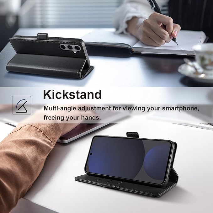 Wallet Flip Case for Samsung Galaxy S24 FE 5G - [RFID Blocking] Luxury PU Leather Card Holder Magnetic Phone Cover with Kickstand,Shockproof Protective Case,Black