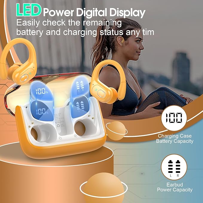 Wireless Earbuds 75hrs Bluetooth 5.4 Headphone Sport, 2025 Bluetooth Earbuds Stereo Deep Bass Over Ear Bud with Earhooks, ENC Noise Cancelling Mic, IPX7 Waterproof Earphone, Yellow