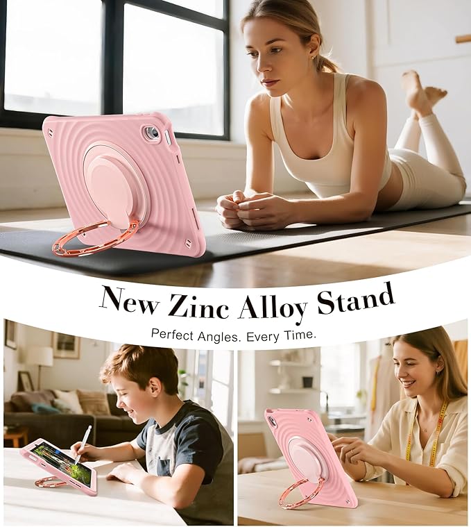 BRAECN Ripple Case for iPad (A16)11th/10th Generation 11/10.9 inch 2025/2022 Zinc Alloy Handle Ring Stand Protective Heavy Duty Screen Protector 360°Rotating 180°Folding Shoulder Strap Full-Body Cover