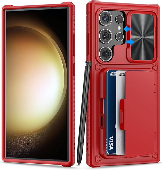 for Samsung Galaxy S23 Ultra Case with Card Holder (Store 4-5 Cards) & Slide Camera Cover & Kickstand, Military Grade Drop Protection, Shockproof Wallet Cases for Samsung S23 Ultra, Red