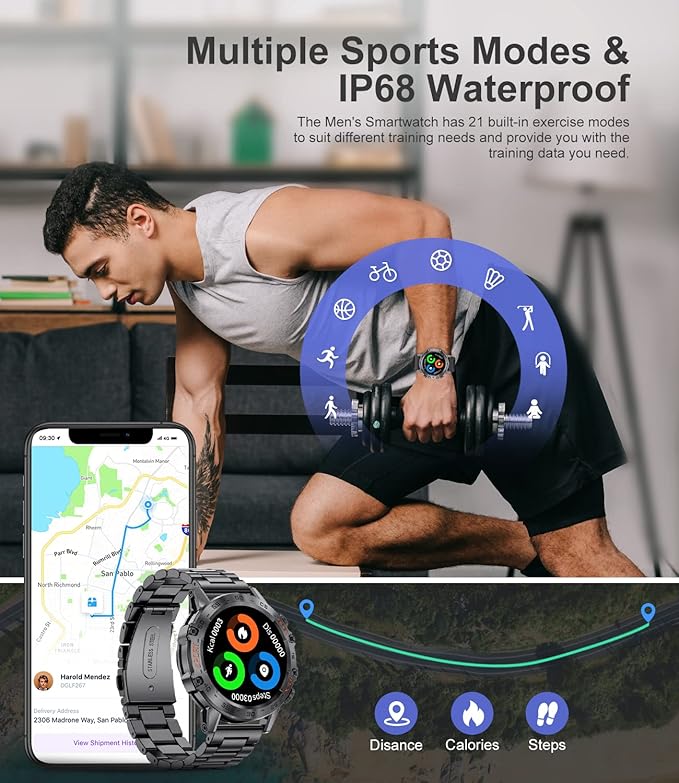 Military Smart Watch for Men(Answer/Dial Calls),1.39''HD Touchscreen,100 Sports Modes, 5ATM Waterproof Fitness Watch,with Blood Pressure/Heart Rate/SpO2 for Android/iOS Military Smart Watch Black