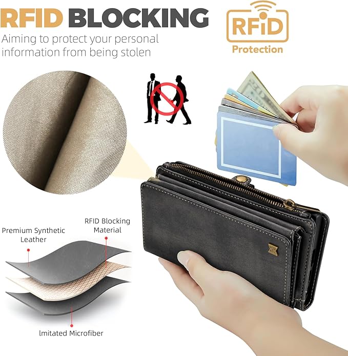 for iPhone 12&12 Pro Wallet Phone Case with 7 Card Holder,RFID Blocking | PU Leather | Kickstand | Flip | Wrist Strap&Shoulder Strap | Shockproof | Zipper Wallet | Women Men | 6.1" | Black