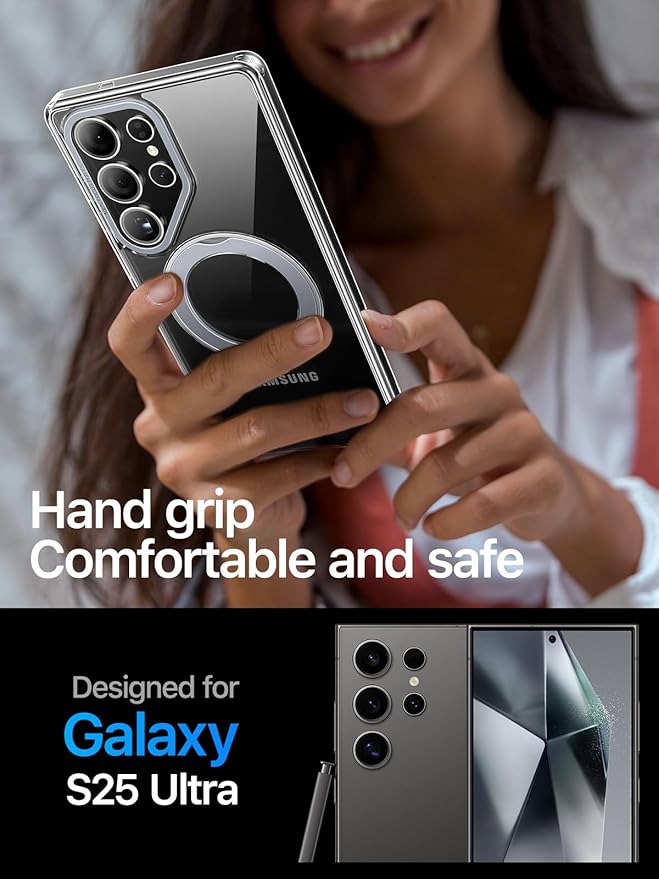 QTlier Phone case for Galaxy S25 Ultra- 360 Rotatable Magnetic Ring Stand, Military-Grade Protection, Raised Camera Frame Clear