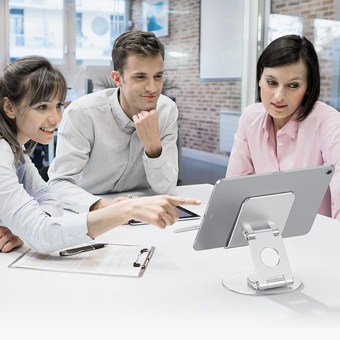 OMOTON Swivel Tablet Stand for iPad with 360 Rotating Base, Foldable Adjustable Holder for Drawing, Compatible with iPad Pro/Air/Mini and More, Silver