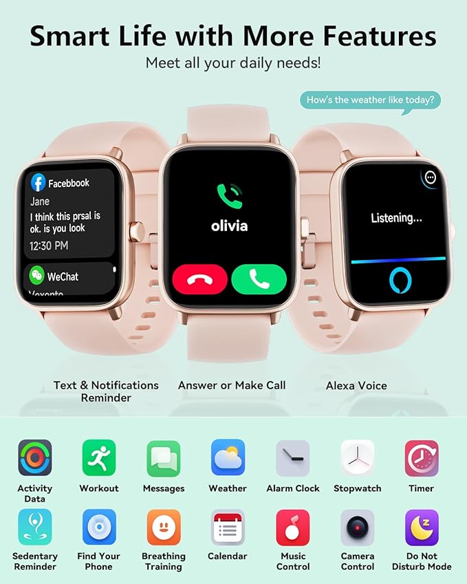 Smart Watches for Women, Smart Watch for Android Phones and iPhone Compatible, Alexa Built-in, 1.8" Fitness Watches for Women, IP68 Waterproof/Bluetooth Call, Heart Rate/Sleep Monitor, Pink