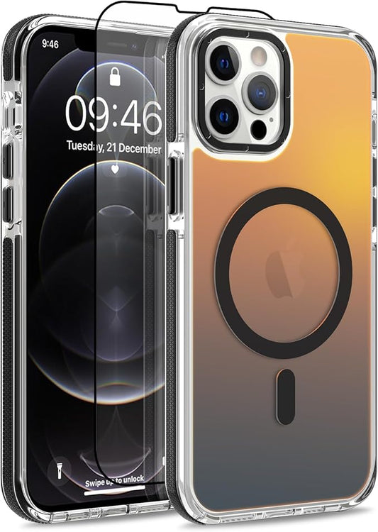 MOWIME Magnetic Case for iPhone 12 Pro Max [Compatible with Magsafe] [Cute Fashion Fluorescent Design] [1 Screen Protector] Slim Translucent Matte Case for iPhone 12 Pro Max 6.7" 2020, Black