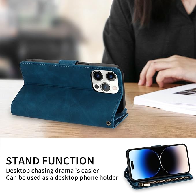 ZZXX for iPhone 14 Pro Max Case Wallet with [RFID Blocking] Card Slot Soft PU Leather Zipper Flip Folio with Wrist Strap Kickstand Protective Cover for iPhone 14 Pro Max Wallet Case(Blue-6.7 inch)
