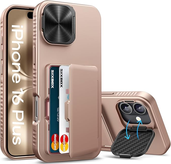 for iPhone 16 Plus Case with Card Holder & Camera Lens Cover & Stand, Military Grade Drop Protection Shockproof Rugged Kickstand Wallet Protective Phone Case for iPhone 16 Plus 2024, Rose Gold