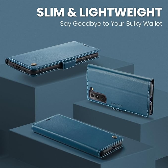 AUPAI for Samsung Galaxy S21 FE Wallet Case with Credit Card Holder, PU Leather RFID Blocking Folio Flip Kickstand Magnetic Clasp Protective Phone Cover for Women Men Blue