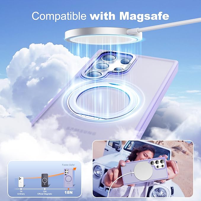 Compatible with Samsung Galaxy S22 & S23 Ultra Case with 360Rotatable Magnetic Ring Stand Compatible with Mag-Safe Military Protection Shockproof Translucent Phone Case,Purple