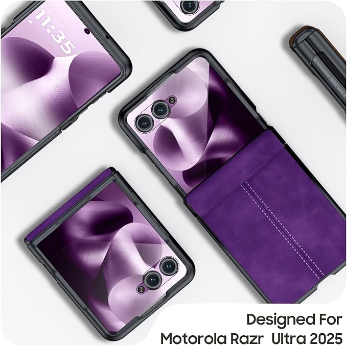 for Motorola Razr Ultra 2025 Case Built-in Screen Protector & Hinge Protection & Ultra Thin PU Leather Matte PC Shockproof Phone Cover Smartphone Case for Moto Razr Ultra 2025 (Purple)