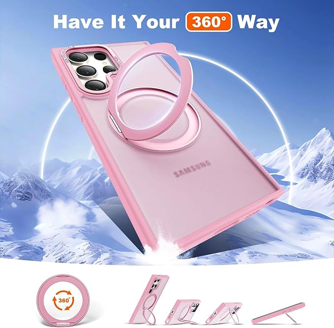 Compatible with Samsung Galaxy S24 Ultra Case with 360Rotatable Magnetic Ring Stand Compatible with Mag-Safe Military Protection Matte Translucent Phone Cases for S24 Ultra 6.8",Pink