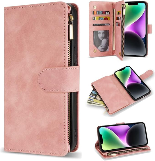 ZZXX for iPhone 14 Case Wallet with [RFID Blocking] Card Slot Premium Soft PU Leather Zipper Flip Folio with Wrist Strap Kickstand Protective Phone Cover for iPhone 14 Wallet Case(Pink-6.1 inch)