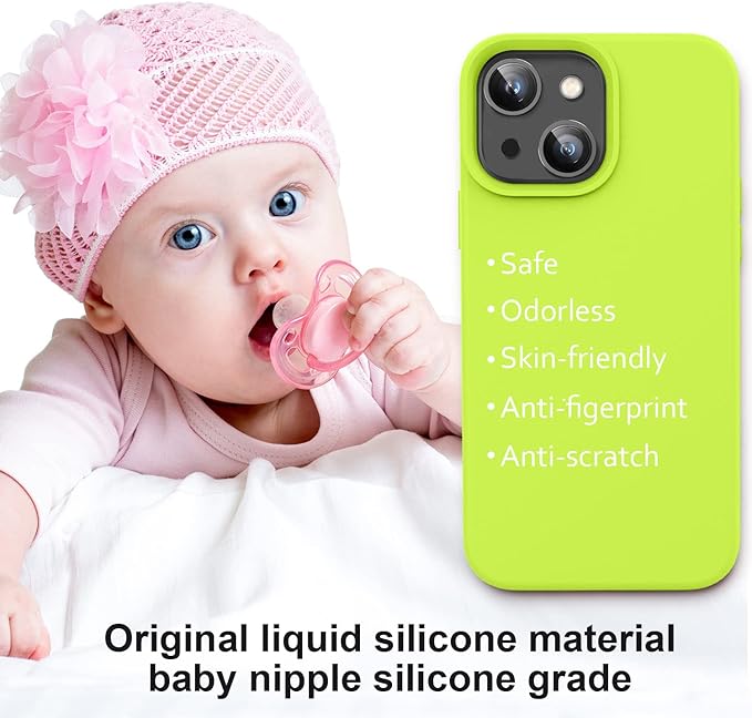 Vooii Compatible with iPhone 14 Case,[Silky Touch Premium Liquid Silicone] [Soft Anti-Scratch Microfiber Lining], Ultra Slim Shockproof Protective Case for iPhone 14 - Fluorescent Green