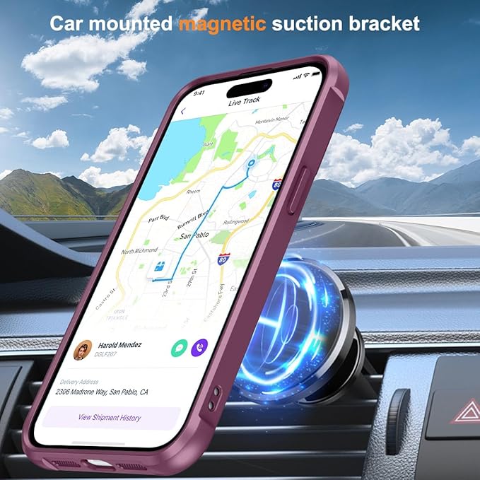 Magnetic Compatible with iPhone 15 Pro Max Case with Stand [Military Grade Drop Tested][Compatible with Magnet] Ring Translucent Slim Hard Back Soft Edge, Wine Red